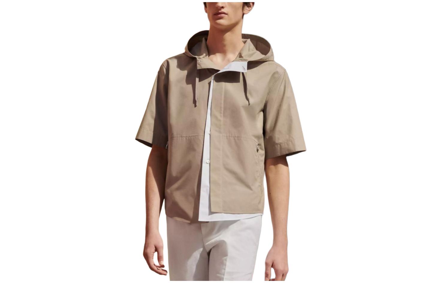 Hermes Solid Color Hooded Casual Short-Sleeve Jacket Desert H456140H21W