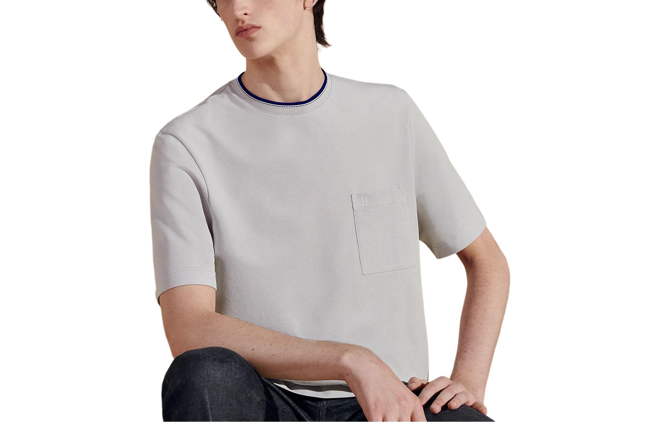 Order 에르메스 남성용 솔리드 컬러 라운드넥 포켓 캐주얼 티셔츠. H457980HA0DLA