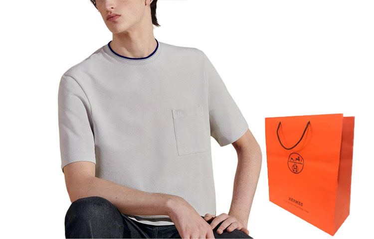 Shop 에르메스 남성용 솔리드 컬러 라운드넥 포켓 캐주얼 티셔츠. H457980HA0DLA