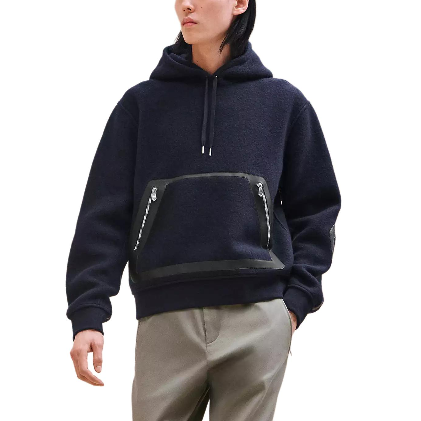 Hermes Solid Navy Blue Hoodie with Zipper and Kangaroo Pocket H467710HA01