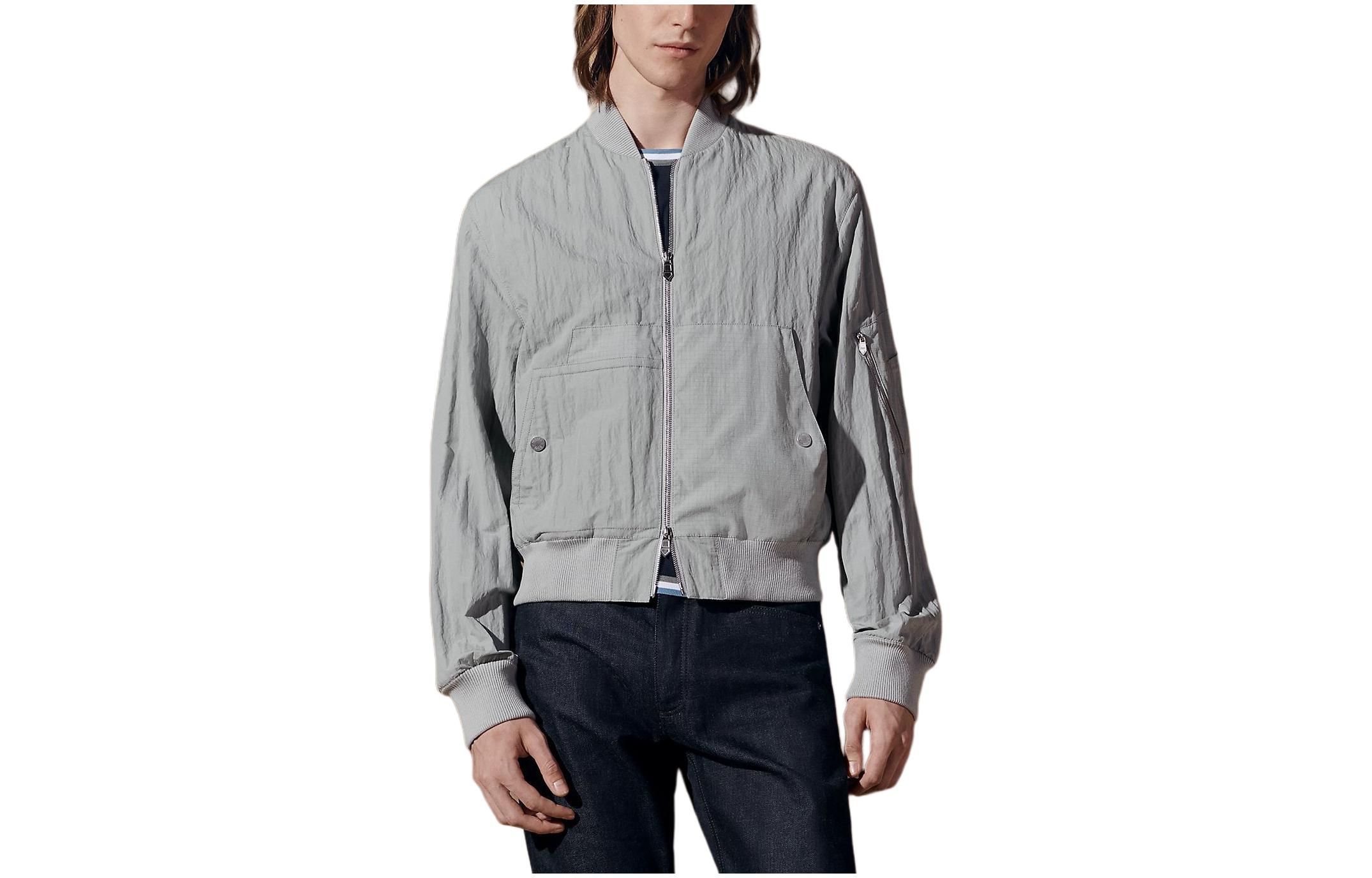 Hermes Solid Ribbed Zipper Jacket Long Sleeve Light Gray H452440HG5K