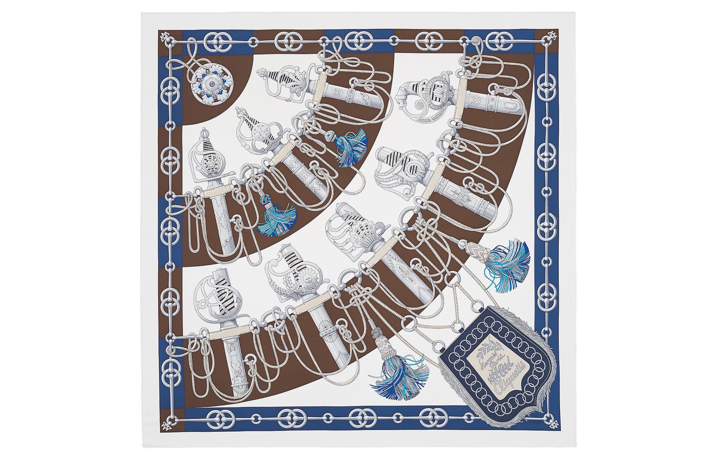 HERMES Spring Summer Scarf Unisex Couple Brown/Blue Dagger March Design H001574S-31