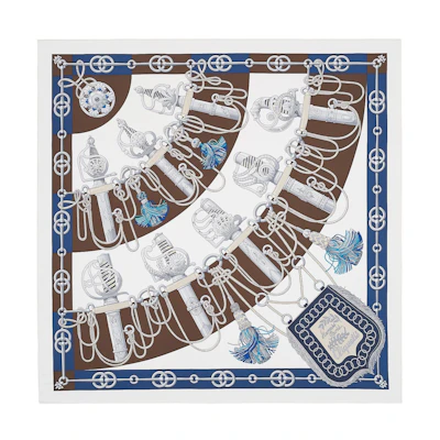 HERMES Spring Summer Scarf Unisex Couple Brown/Blue Dagger March Design H001574S-31