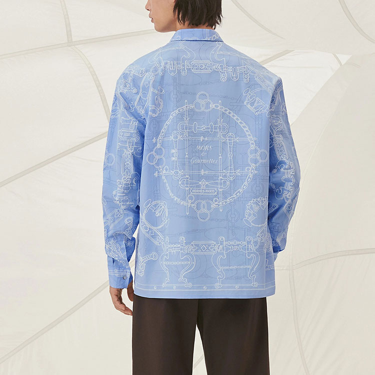 Shop HERMES Baju Lengan Panjang Biru Cetakan Penuh Rekaan SS22. H256360HR66