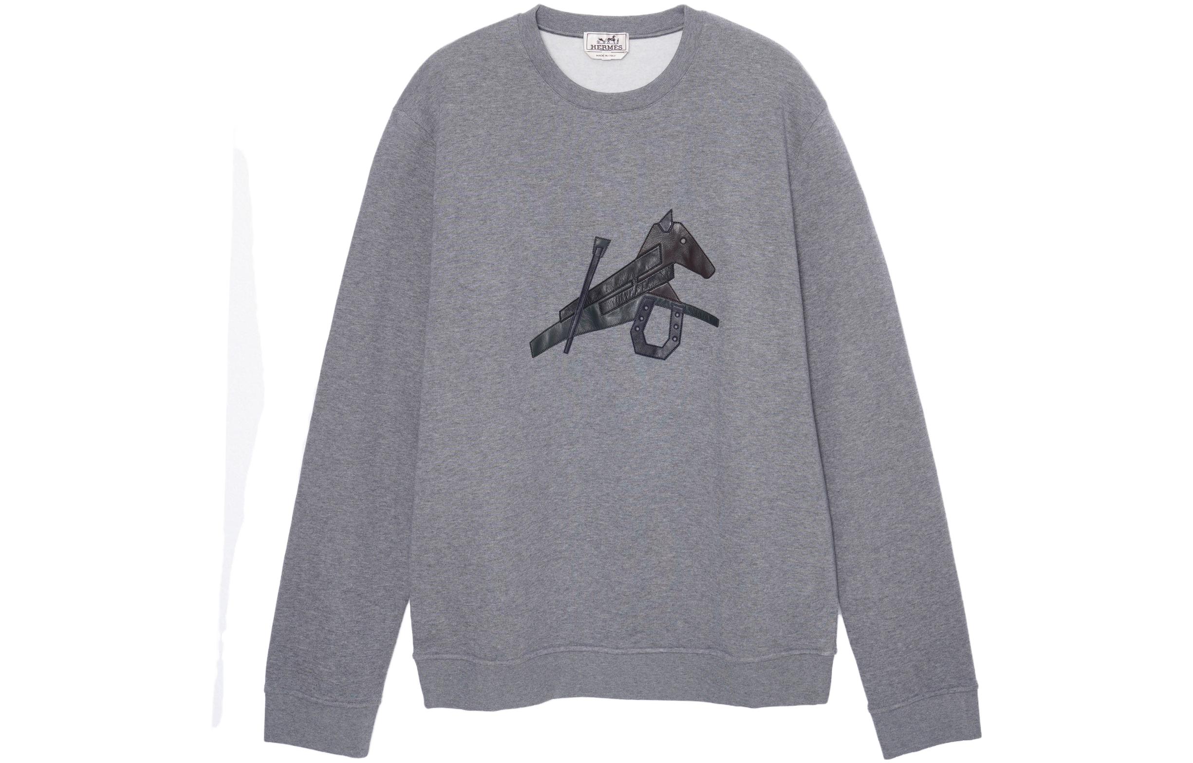 HERMES SS22  Grey Crewneck Sweatshirt with Leather Horse Motif H257720HA76
