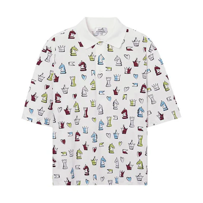HERMES SS22 White Animal Print Polo Shirt with Collared Short Sleeves H257870HA90