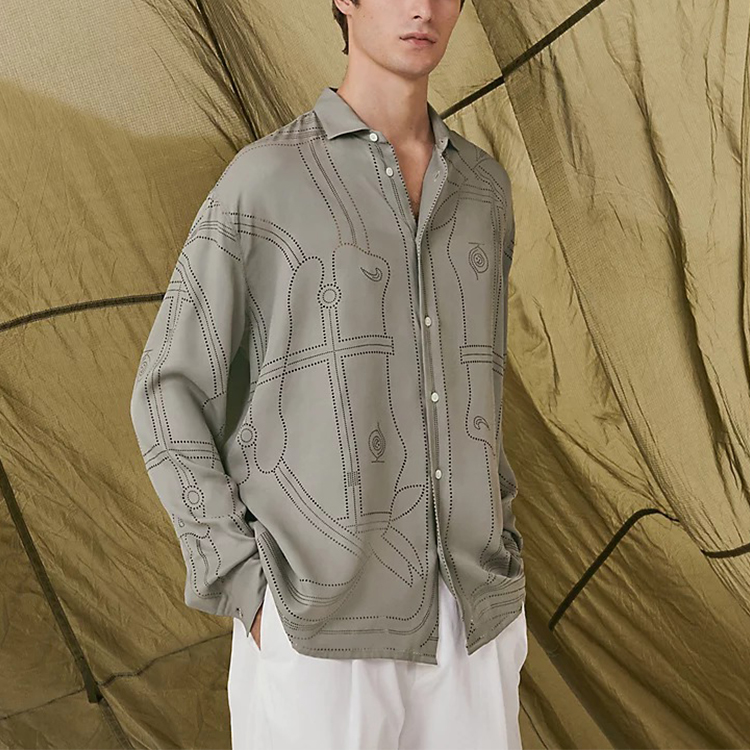 Lookbook HERMES SS22 Kemeja Lengan Panjang Lelaki Coklat Corak Potongan Unik H256360HT99