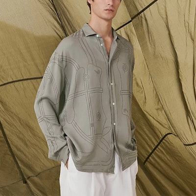 HERMES SS22 Kemeja Lengan Panjang Lelaki Coklat Corak Potongan Unik H256360HT99 Lookbook HERMES SS22 Kemeja Lengan Panjang Lelaki Coklat Corak Potongan Unik H256360HT99