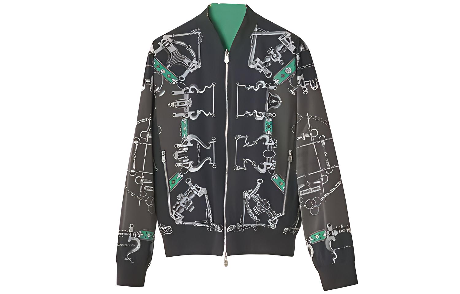 Hermes SS22 Pattern Full-Zip Reversible Jacket Black Long Sleeve H252700HHWJ