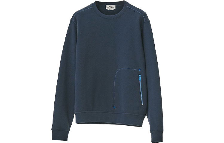 Hermes SS22 Solid Pocket Design Crewneck Pullover Sweatshirt Navy Blue Mens H257700HA6C