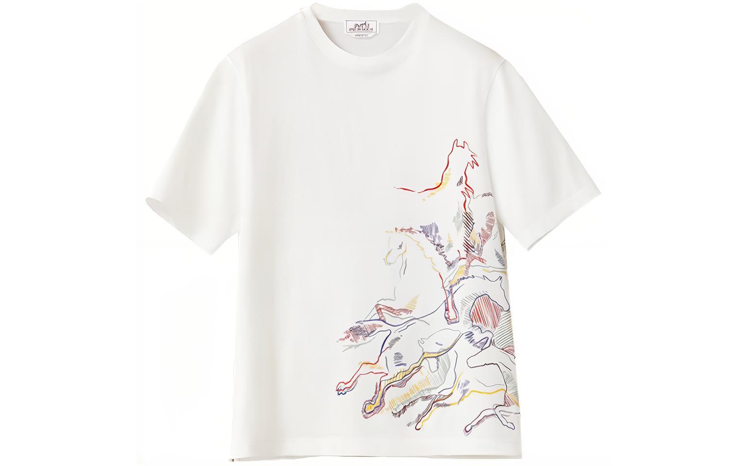 HERMES SS22 White  T-Shirt with Horse Print Short Sleeve Crew Neck. H257830HA90