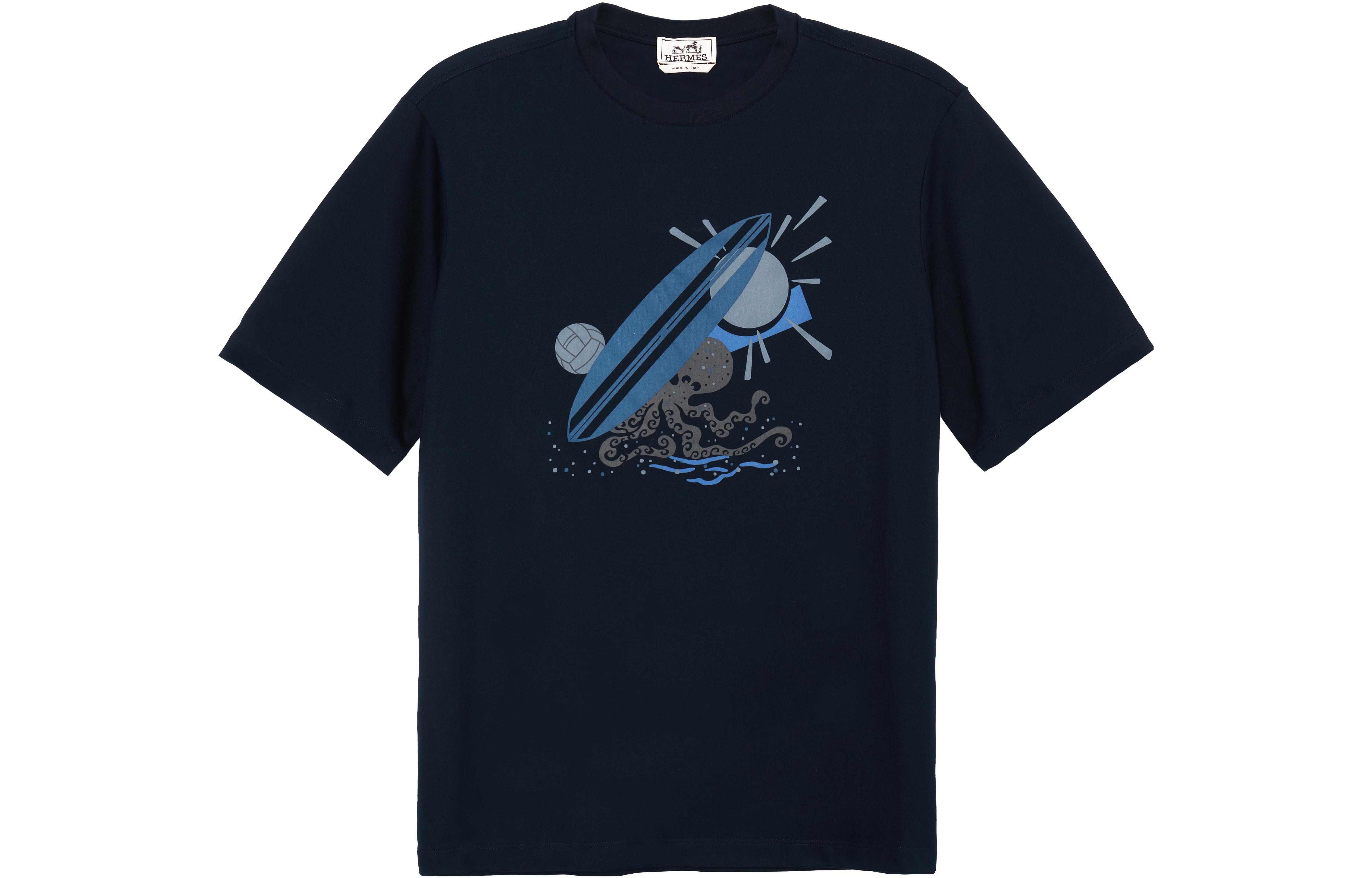 HERMES SS23  Blue Logo Print Crewneck T-Shirt H357940HA01ME