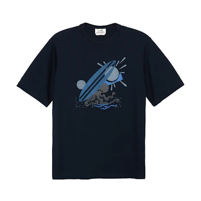 HERMES SS23 Blue Logo Print Crewneck T-Shirt H357940HA01ME