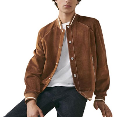 HERMES SS23 Brown Leather Jacket with Striped Trim & Baseball Collar. H353440HF37 Buy HERMES SS23 Brown Leather Jacket with Striped Trim & Baseball Collar. H353440HF37