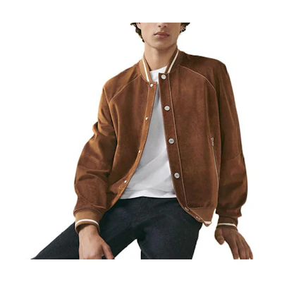 HERMES SS23 Brown Leather Jacket with Striped Trim & Baseball Collar. H353440HF37