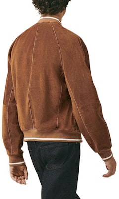 HERMES SS23 Brown Leather Jacket with Striped Trim & Baseball Collar. H353440HF37 Lookbook HERMES SS23 Brown Leather Jacket with Striped Trim & Baseball Collar. H353440HF37