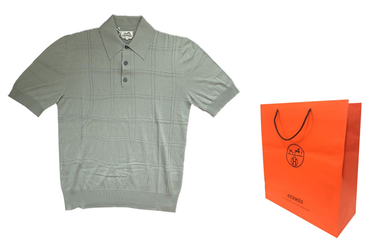 Shop エルメス SS23 グレー ニット ジャカード チェック ポロシャツ H357230HA2P