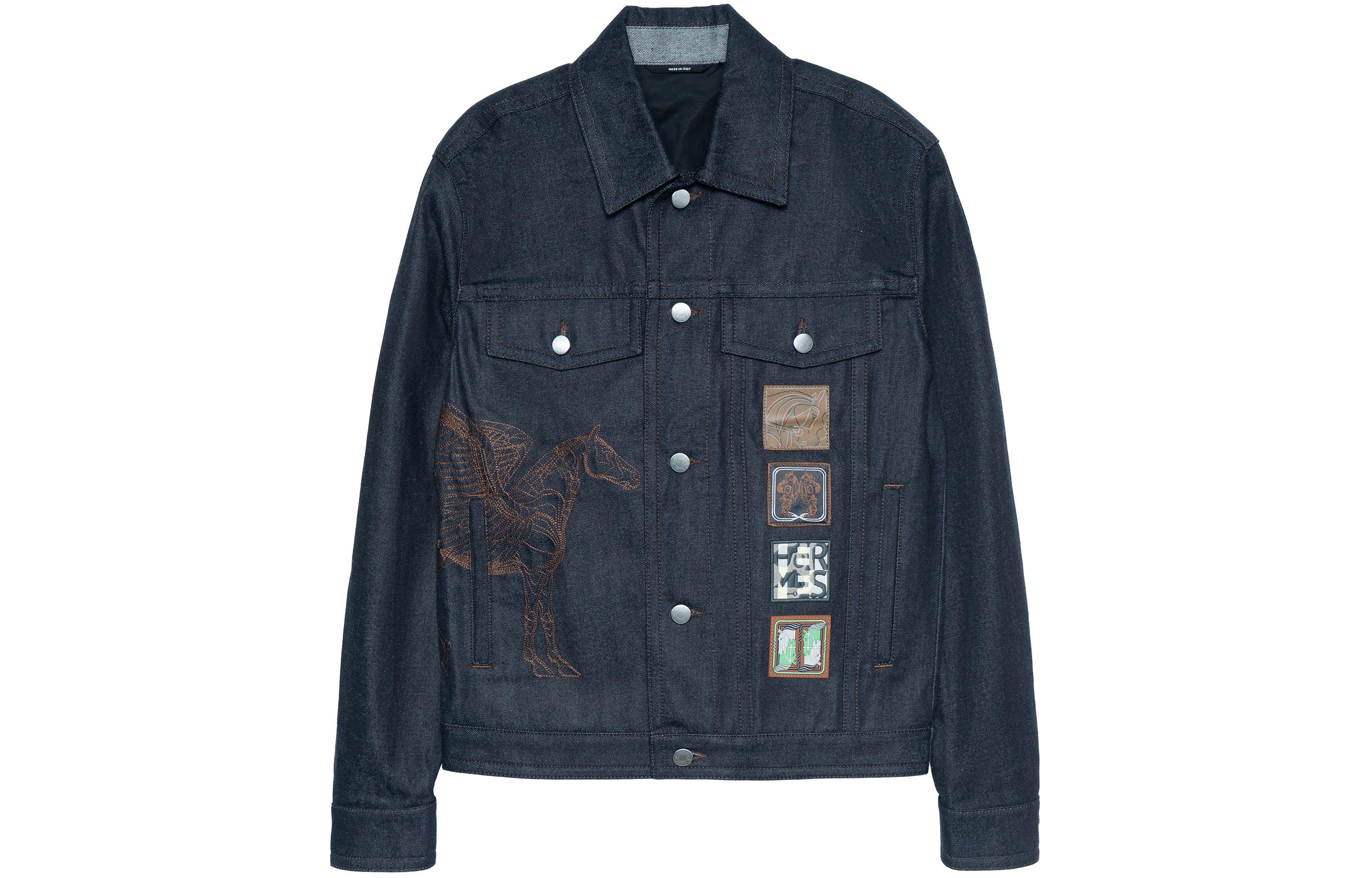 HERMES SS23  Navy Blue Logo Embroidered Denim Jacket H352180HM60