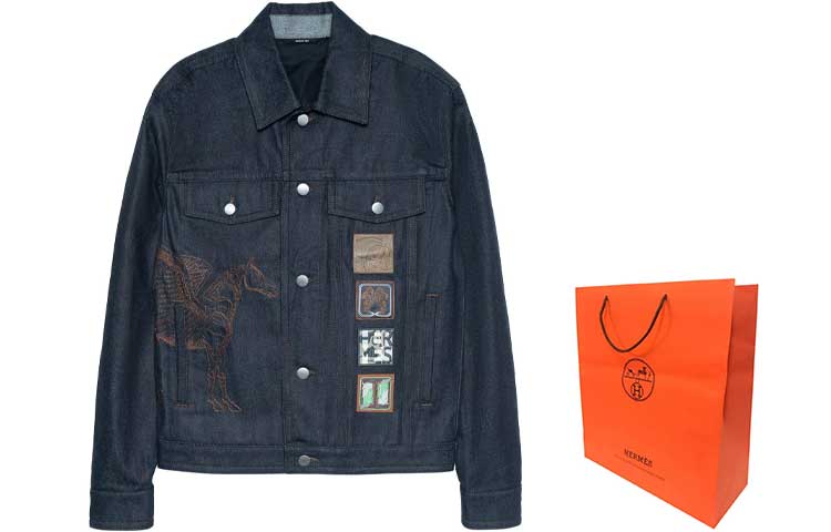 Shop HERMES SS23  Navy Blue Logo Embroidered Denim Jacket H352180HM60