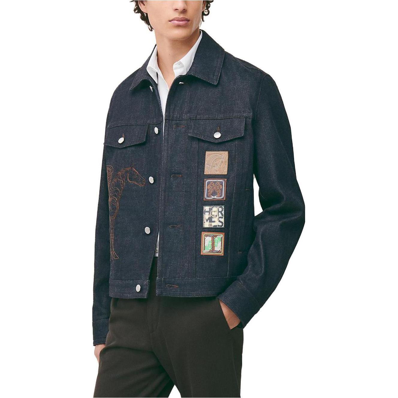 Purchase HERMES SS23  Navy Blue Logo Embroidered Denim Jacket H352180HM60