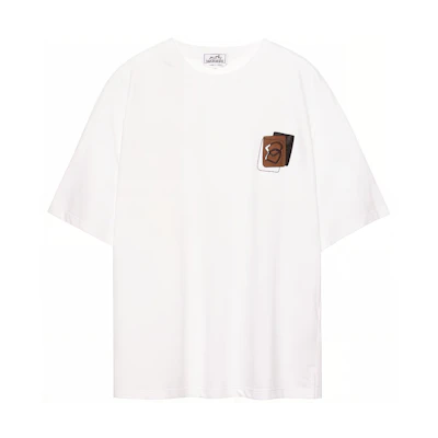 HERMES SS23 White Plain Leather Patch Crewneck Short Sleeve T-Shirt H367940HA90