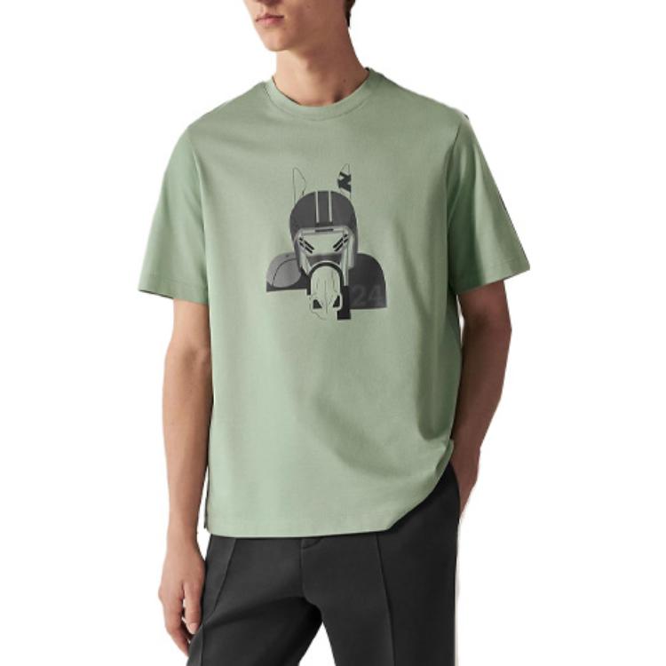 Shop 에르메스 SS23 만화 프린트 그린 캐주얼 크루넥 티셔츠. H367970HA4M