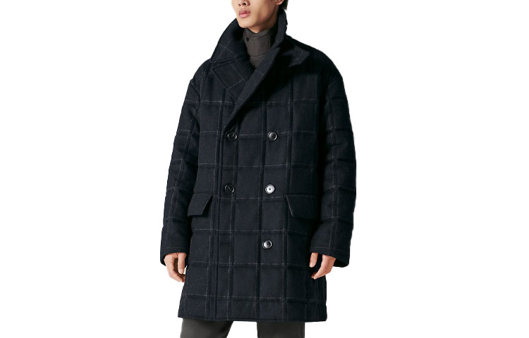 HERMES SS23 Checkered Embossed Double-Breasted Navy Blue Coat Men. H361340H901