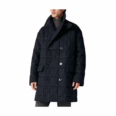 HERMES SS23 Checkered Embossed Double-Breasted Navy Blue Coat Men. H361340H901
