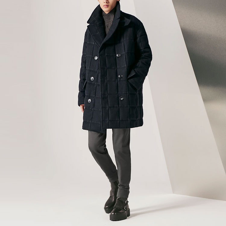 Lookbook HERMES SS23 Checkered Embossed Double-Breasted Navy Blue Coat Men. H361340H901