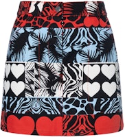 HERMES SS23 Color-Block Heart Cow Print Denim Skirt Red H3E0350D119 HERMES SS23 Color-Block Heart Cow Print Denim Skirt Red H3E0350D119