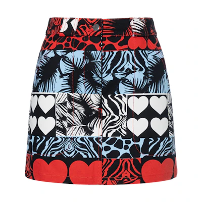 HERMES SS23 Color-Block Heart Cow Print Denim Skirt Red H3E0350D119