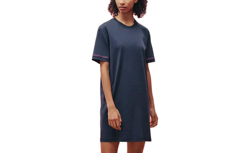 HERMES SS23 Geometric Print Navy Blue Short Sleeve Dress. H3E4508DLI1