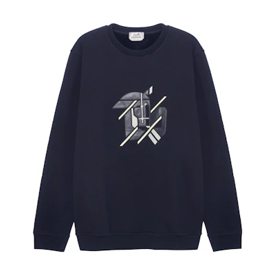 Hermes SS23 Navy Blue Animal Print Crewneck Long Sleeve Sweatshirt Men H357780HA01