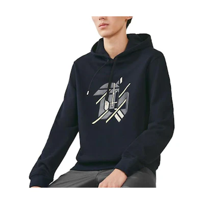 Hermes SS23 Navy Blue Printed Drawstring Pullover Hoodie Men H357790HA01