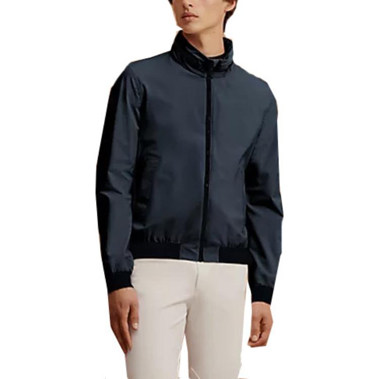 Hermes SS23 Solid Navy Blue Stand Collar Long Sleeve Jacket H800446E01L