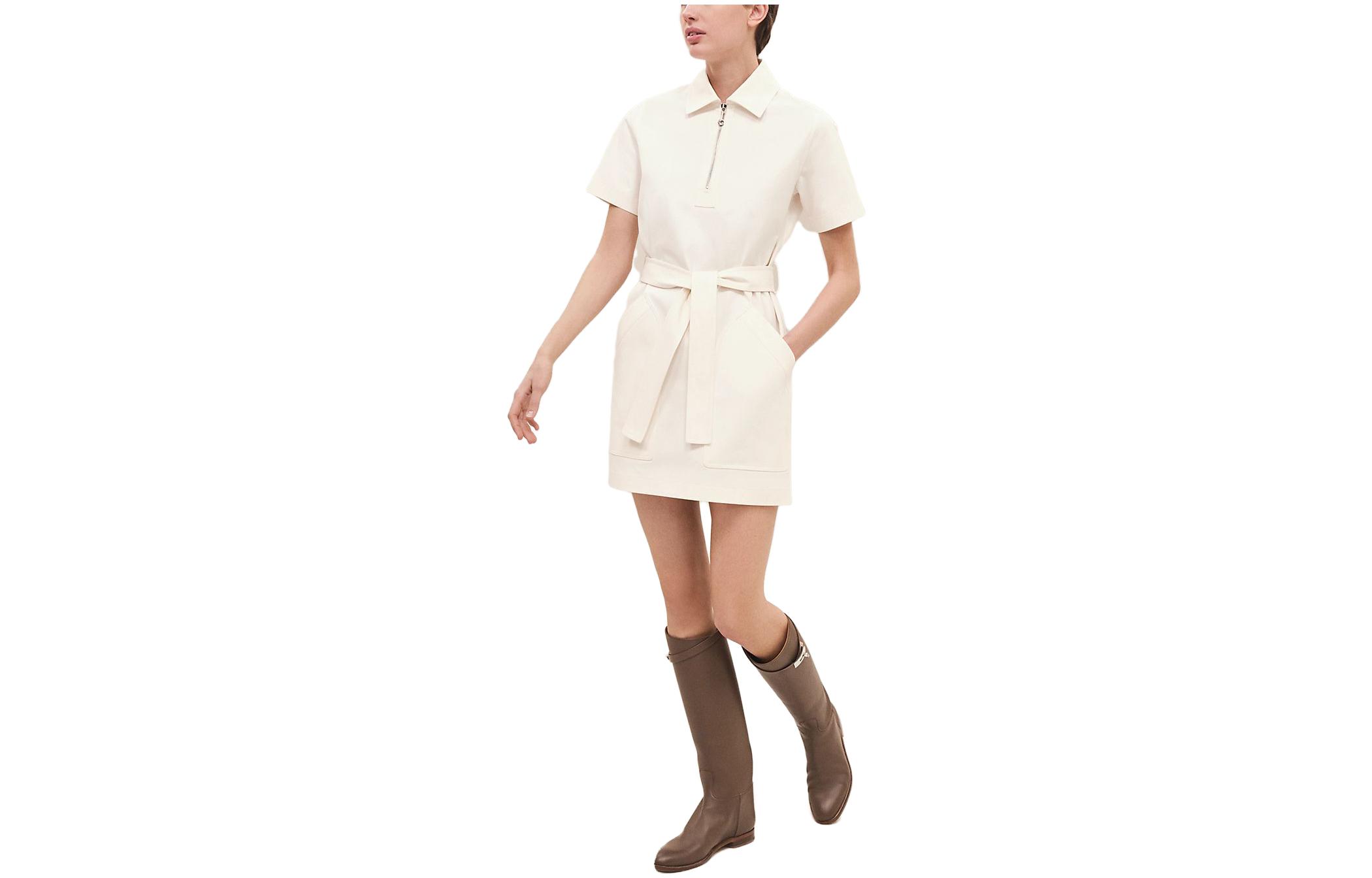 HERMES SS23 White Solid Color Half-Zip Short-Sleeve Cinched Waist Dress H3H0536DNA3