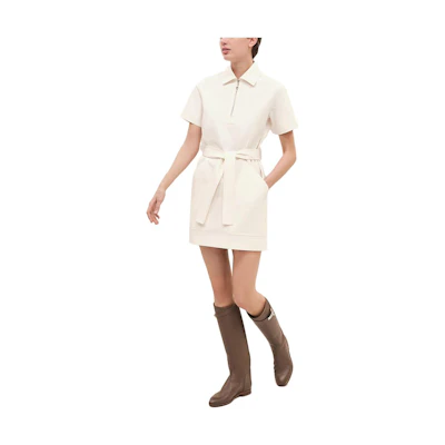 HERMES SS23 White Solid Color Half-Zip Short-Sleeve Cinched Waist Dress H3H0536DNA3