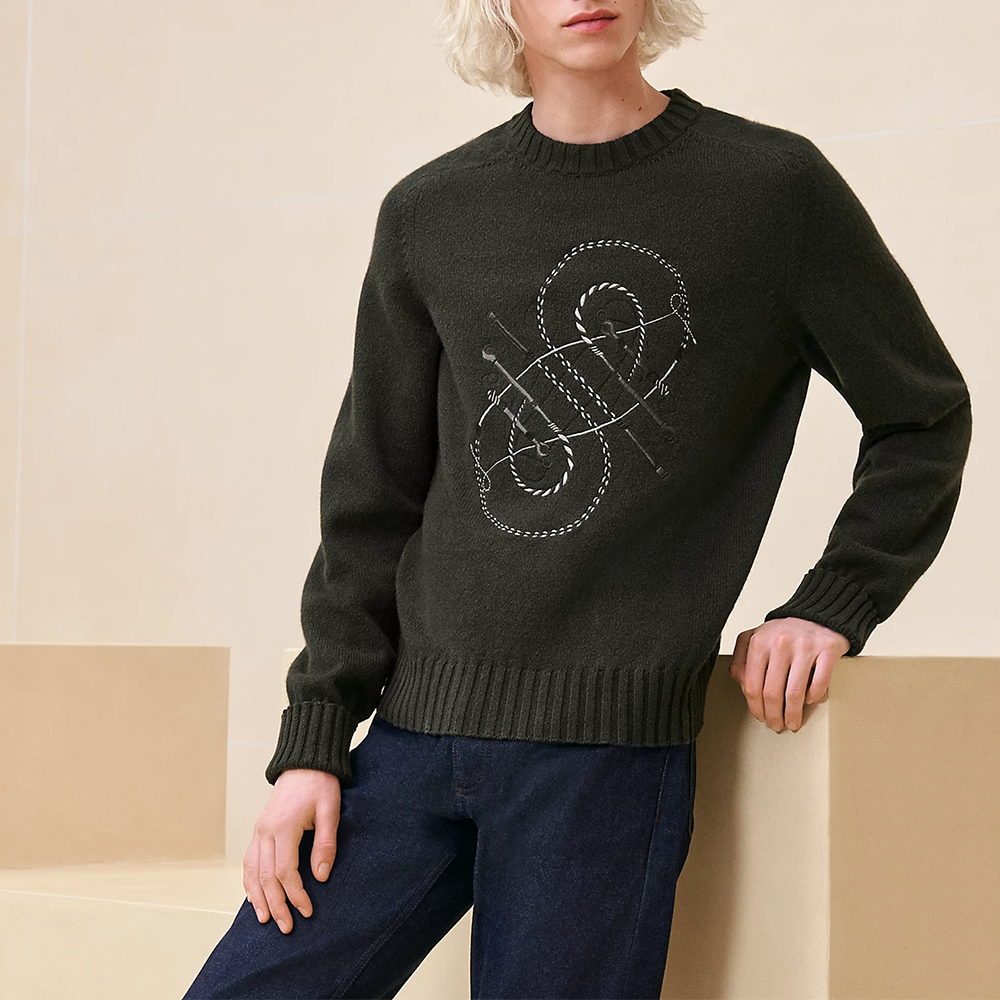 Shop HERMES SS24  Black Embroidered Cashmere Pullover Long Sleeve Sweater H467270HA11