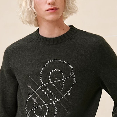 HERMES SS24 Black Embroidered Cashmere Pullover Long Sleeve Sweater H467270HA11 Details for HERMES SS24 Black Embroidered Cashmere Pullover Long Sleeve Sweater H467270HA11