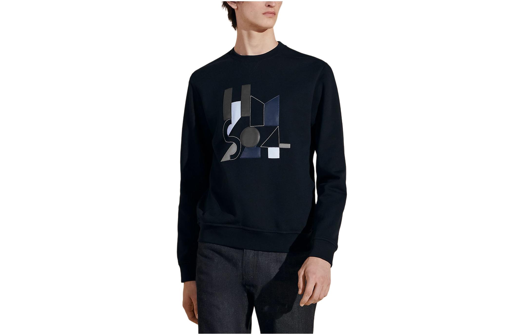 HERMES SS24  Leather Patch Crewneck Sweatshirt Navy Blue H457790HA01