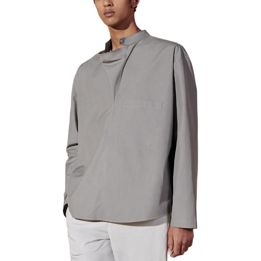 Order HERMES SS24 Kemeja Lengan Panjang Loose-Fit Butang Snap Kelabu Pudar H456400H25I