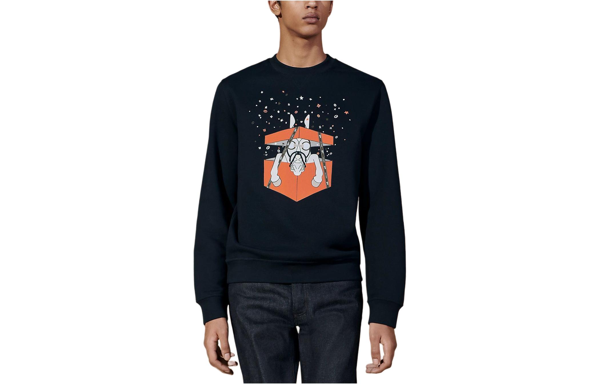 Order HERMES SS24 Baju Sweatshirt Lengan Panjang Navy Biru Cetak Kartun Bintang H457820HA01