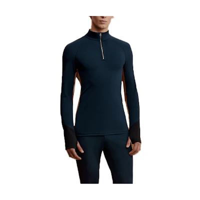 HERMES SS24 Slim Fit Colorblock Long Sleeve Polo Navy Blue H800681EV01