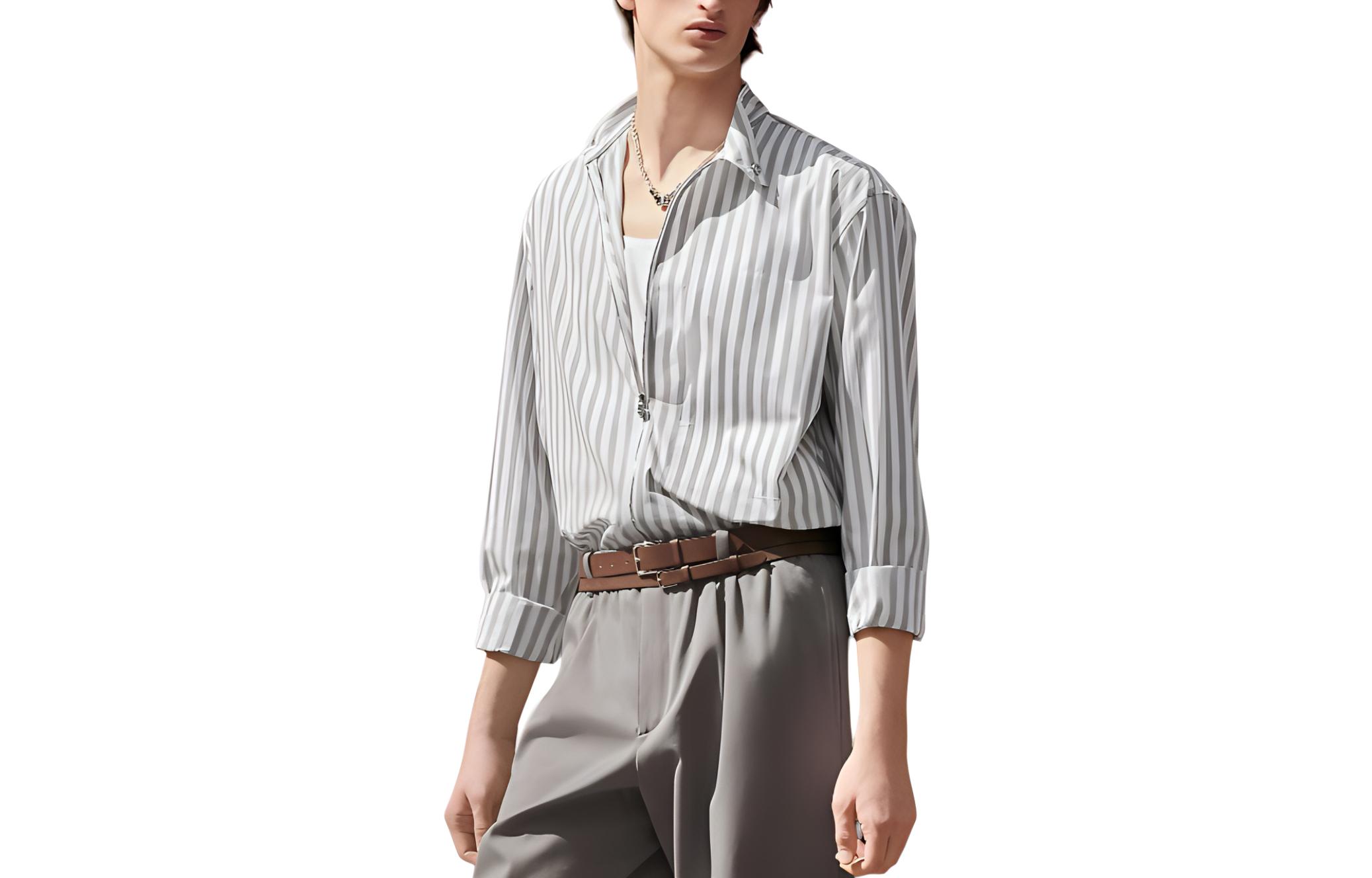 HERMES SS24  Striped Zip-Up Loose Fit Jacket Shirt Rock Gray H456130H72P