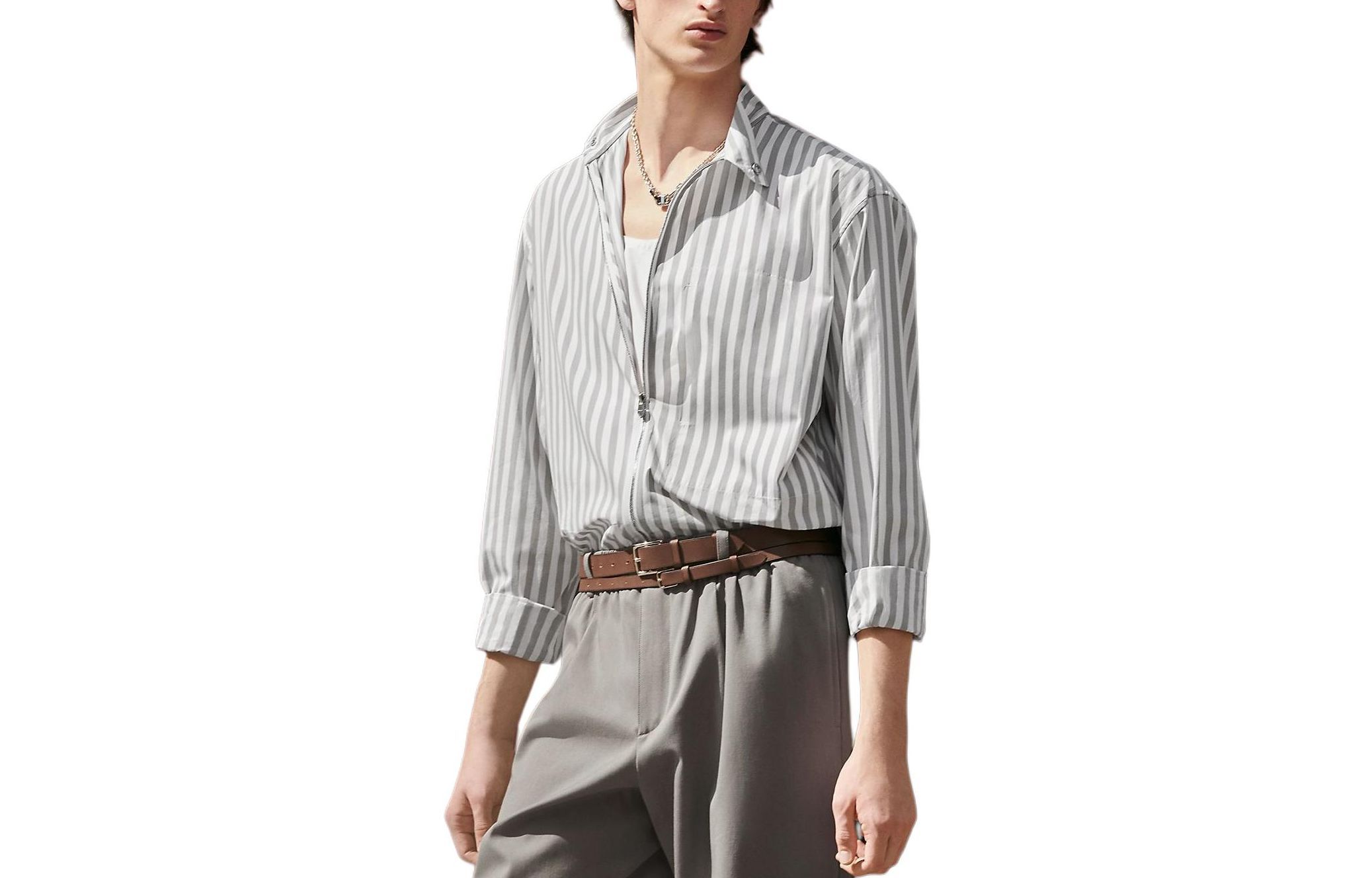 Order 愛馬仕 SS24 條紋拉鍊寬鬆外套襯衫 石灰色 H456130H72P