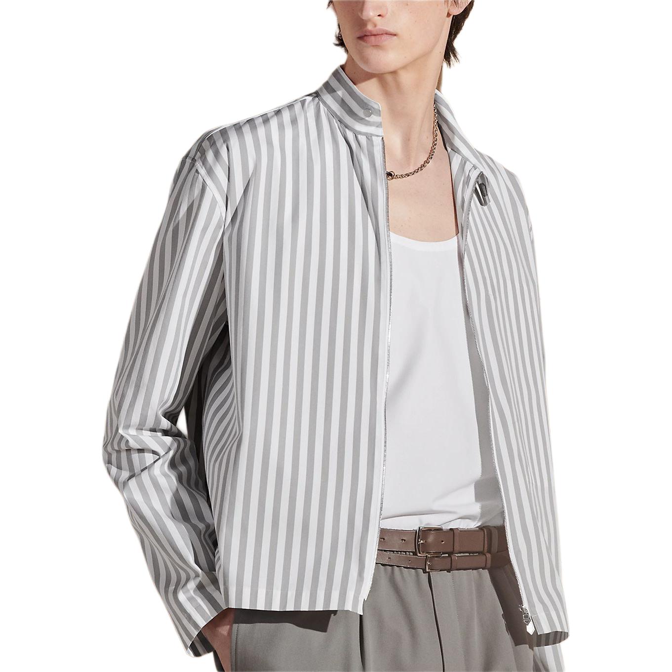 Shop 愛馬仕 SS24 條紋拉鍊寬鬆外套襯衫 石灰色 H456130H72P