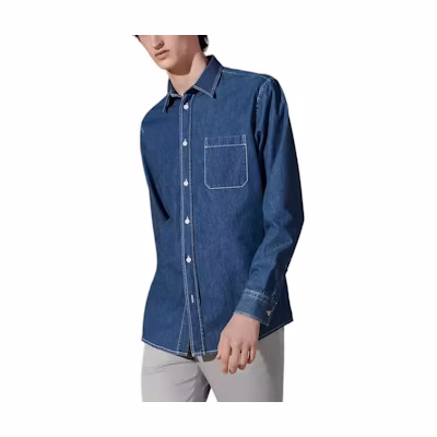 HERMES SS24 Solid Indigo Blue Button-Up Long Sleeve Shirt for Men H456060HE50