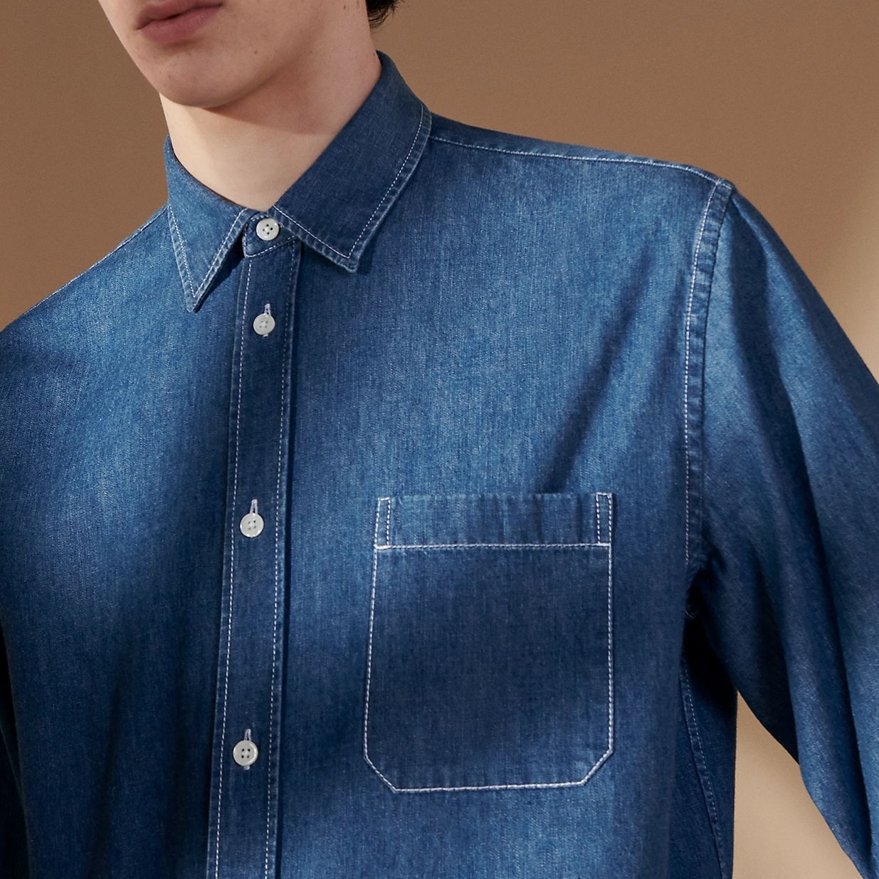 Shop HERMES SS24 Baju Lelaki Lengan Panjang Biru Indigo Button-Up H456060HE50