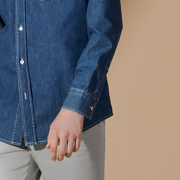 Cheap HERMES SS24 Baju Lelaki Lengan Panjang Biru Indigo Button-Up H456060HE50