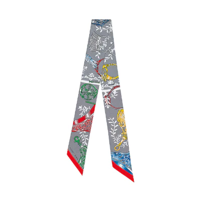 HERMES Stirrup Twilly Mixed Silk Scarf Ribbon Grey H063502S-07